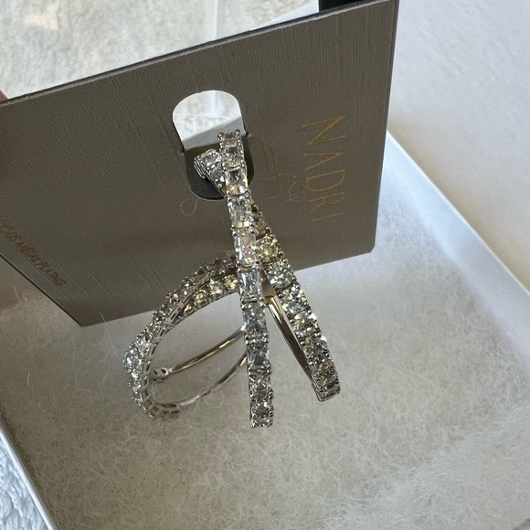 Nadri Isle Cubic Zirconia Crossed Hoop Earrings RHODIUM NWT - Picture 7 of 12